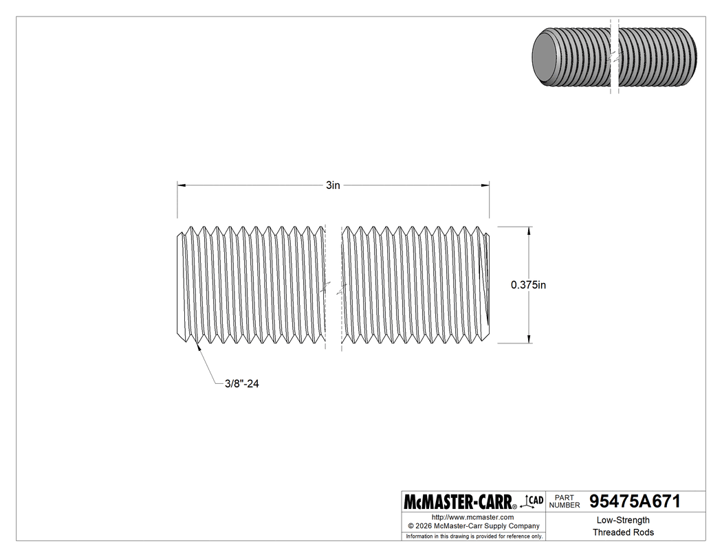 Technical Drawing of Zinc-Plated Low-Strength Steel Threaded Rod, 3/8"-24 Thread Size, 3" Long.